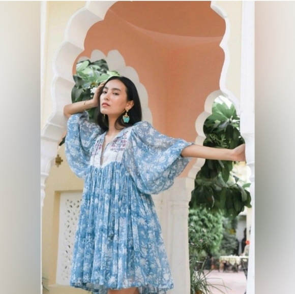 Daughters of India Jaya Mini Dress in Juniper Floral Blue Dress Size XL - Picture 7 of 16